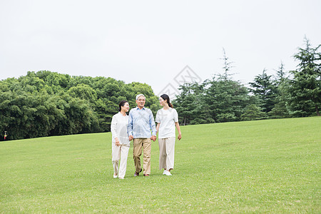 孝顺草地上幸福一家人散步背景