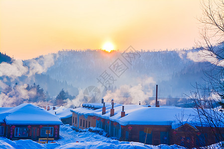 冬季雪景背景黑龙江雪乡日出背景