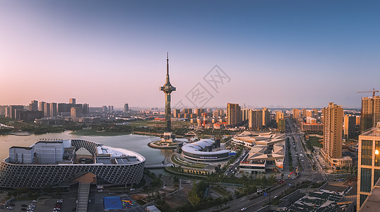 夕照聚龙湖建筑背景盐城高清图片