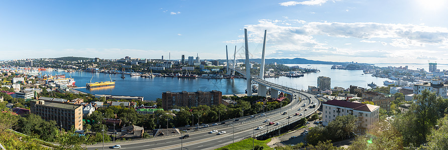 俄罗斯城市俄罗斯远东城市金海湾大桥全景图背景