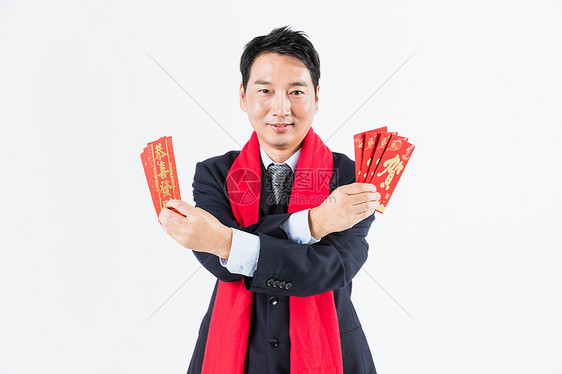 新春商务男性手拿红包图片