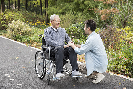 父子手敬老公园陪伴老人散步背景