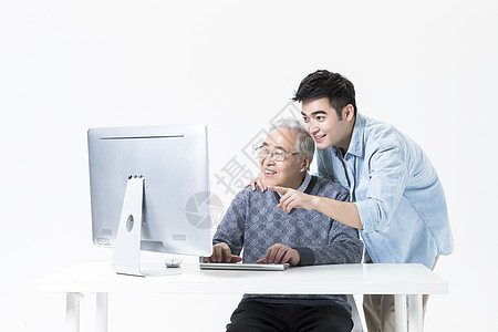 老年父子敬老老人学习电脑背景