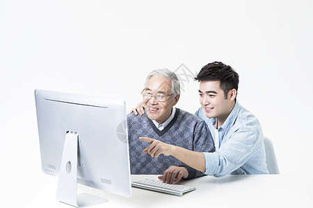 父子拥抱敬老老人学习电脑背景