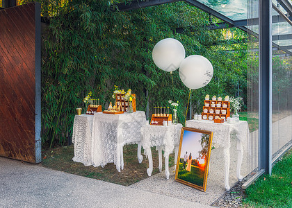 绿植租摆婚礼上的甜点摆台背景