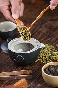 往茶壶里加茶叶背景图片