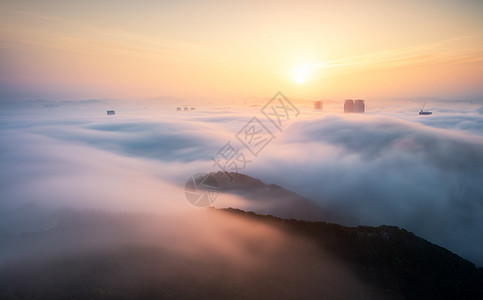 云雾城市山川河流唯美风光背景