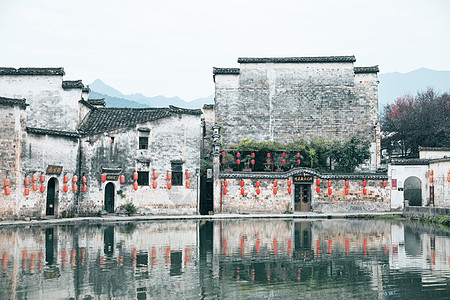 水墨徽派建筑徽州宏村月沼湖背景