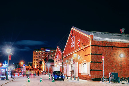 北海道函馆街景函馆金森红砖仓库建筑群夜景背景