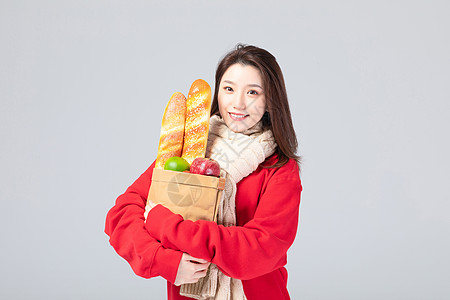 超市面包女性购物生活形象背景