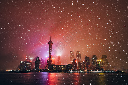 雪夜里的上海夜色高清图片素材