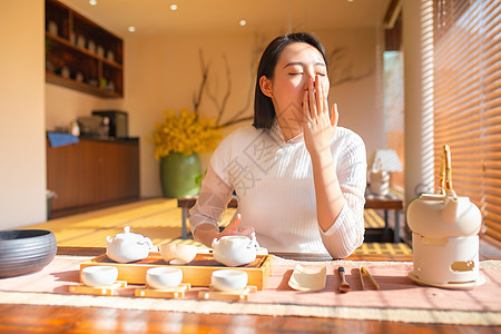 美女茶道古装女性打哈欠背景