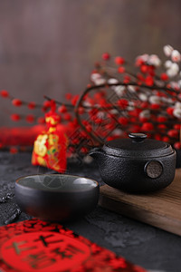 红腊梅画素材茶具背景