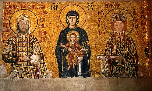 旅游景点图标土耳其索菲亚教堂内的烫金马赛克壁画背景