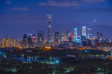 长城全景夜景北京CBD背景