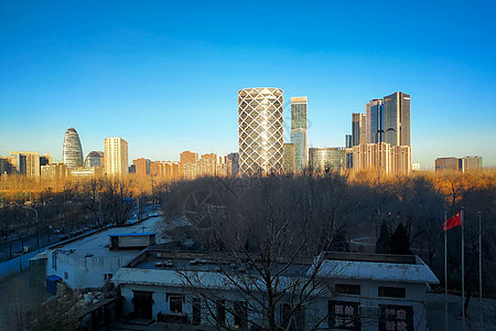 光华路SOHO冬季清晨北京远看现代建筑背景