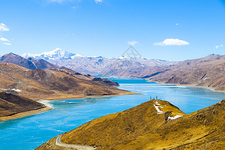 西藏羊湖冬天蓝绿色宝石般的羊湖羊卓雍措背景