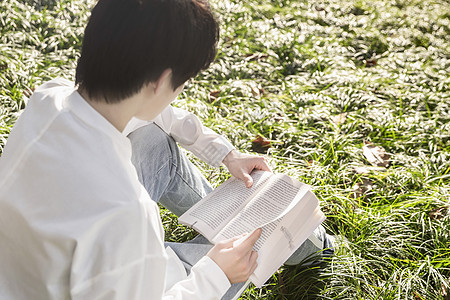 校园帅哥男性在草坪上阅读背景