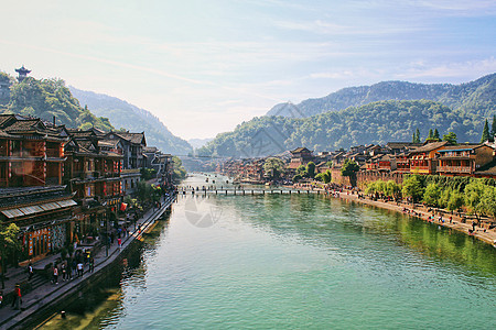 湘西风景晨曦中的湘西沱江风景背景