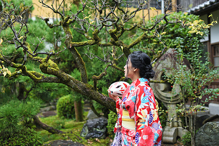 日本庭院京都日式庭院和服少女背景