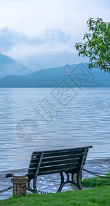 西湖岸边的长椅图片