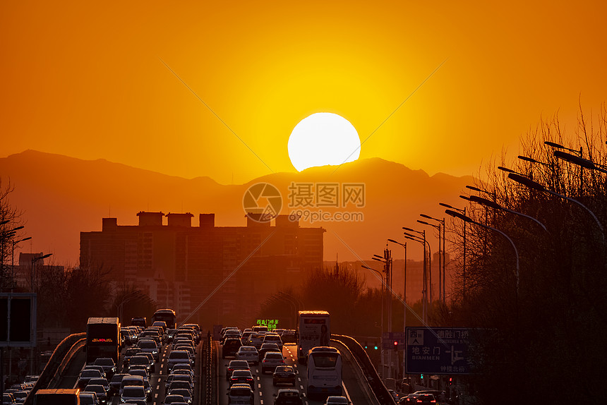 日落北京安定门西大街桥图片