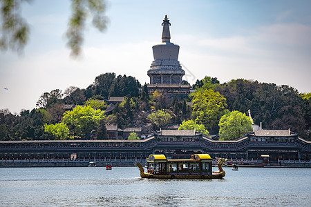 北京北海公园的湖泊上白塔背景