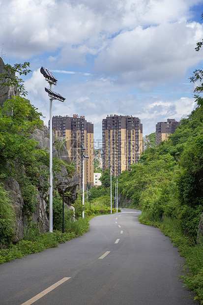 蓝天白云下的小区楼盘道路图片