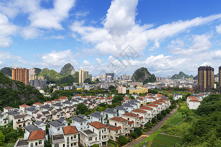 树木草地蓝天白云下的小区楼盘背景