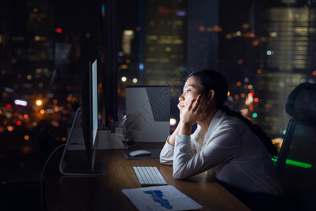 熬夜工作职场女性加班发呆背景