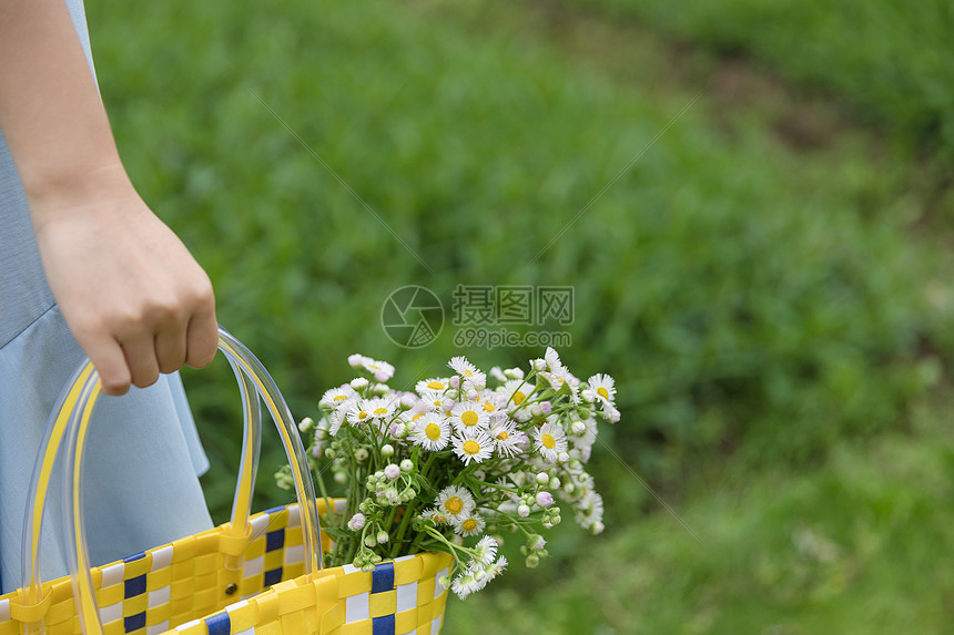 森系女孩手提花篮特写图片