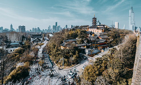 金陵鸡鸣寺和南京紫峰背景图片