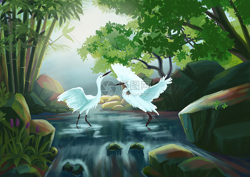 林间溪水中的白鹭插画图片下载-正版图片501318278-摄