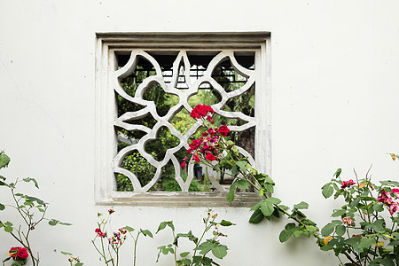 夏天植物元素中式建筑窗户背景