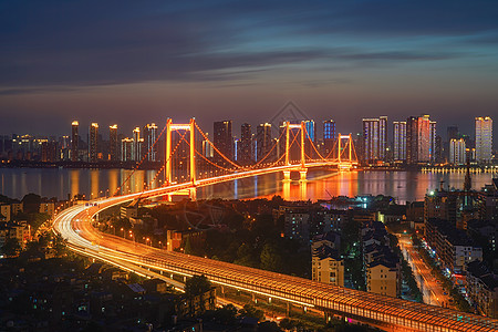 江景城市夜景夕阳晚霞下的武汉鹦鹉洲大桥夜景背景