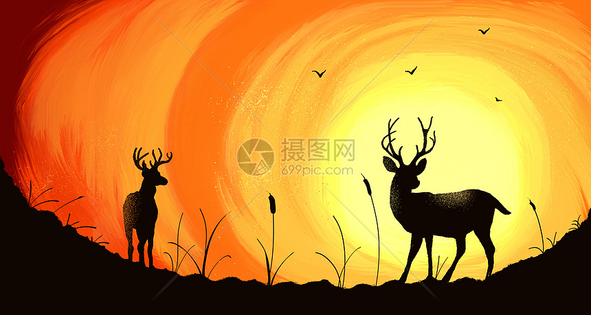 暖色夕阳下的两只麋鹿的剪影插画图片下载-正版图片