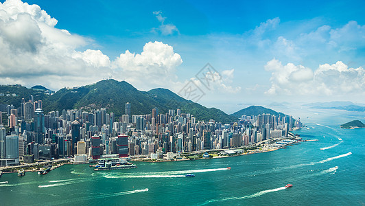 香港太平山俯瞰香港维多利亚港城市风光背景