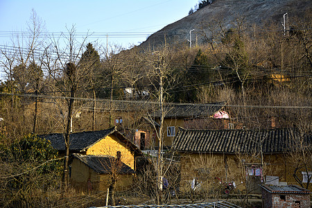 成堆枯枝冬天老房子背景