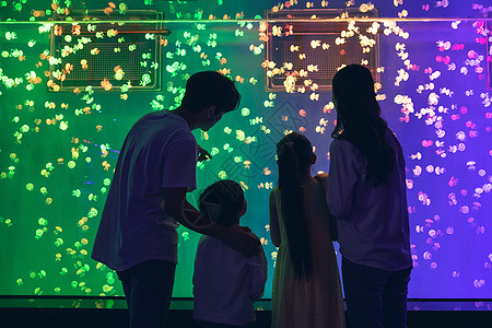 年轻家庭参观海洋馆背影高清图片