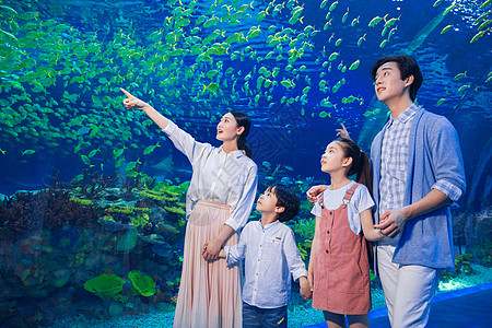 年轻家庭参观海洋馆高清图片