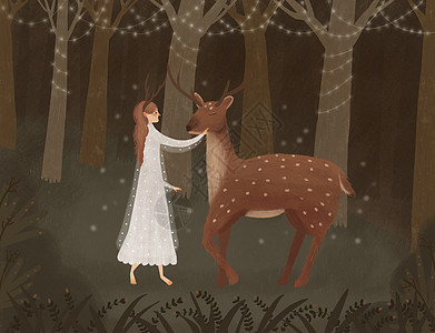 森林女欧风复古森系头戴鹿角的森女见到心爱的梅花鹿插画