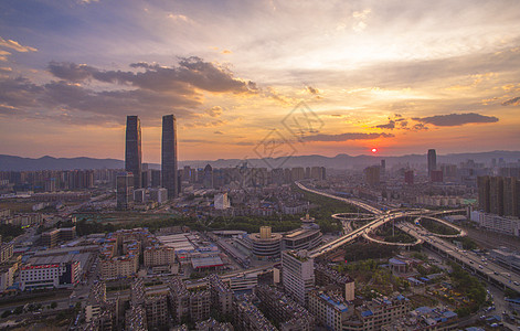 昆明双塔昆明城市航拍夜景夕阳晚霞背景