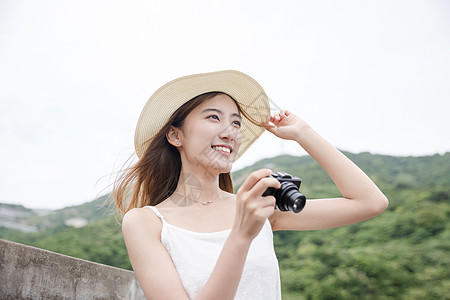 相机风景清新美女海岛拍照背景