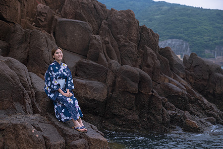 文艺清新海边和服美女背景