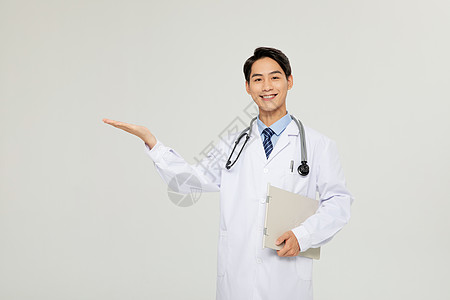 医生手势年轻男性医生欢迎手势背景