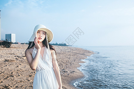 海水背景海边戴草帽的女生人像背景