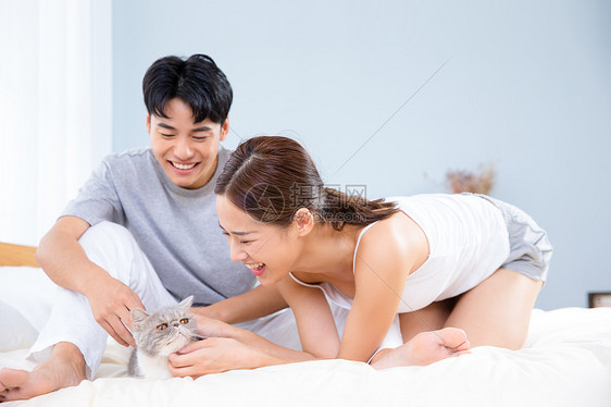 情侣在床上和猫玩耍图片