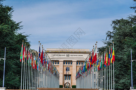 导游旗瑞士日内瓦联合国万国旗全景背景