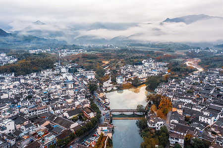 初秋风景安徽宏村航拍风光背景