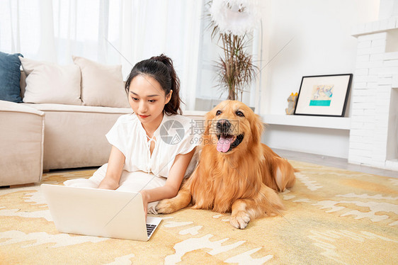 年轻美女和金毛犬快乐相伴图片